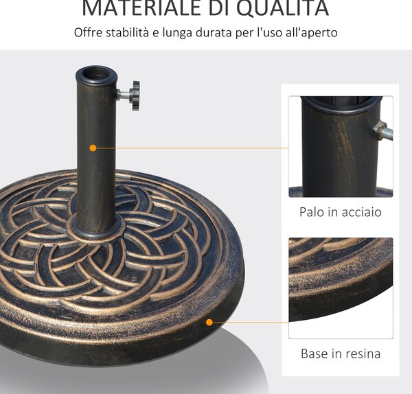 Outsunny Base per Ombrellone Rotonda da 12kg in Resina con Decorazione, per Pali da 38mm e 48mm, Φ45x33cm, Bronzo|Aosom