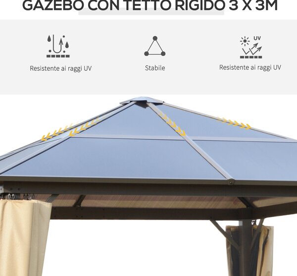 Outsunny Gazebo da Giardino 3x3m con Tetto in Policarbonato e Zanzariere, Struttura in Alluminio, Caffè e Khaki|Aosom