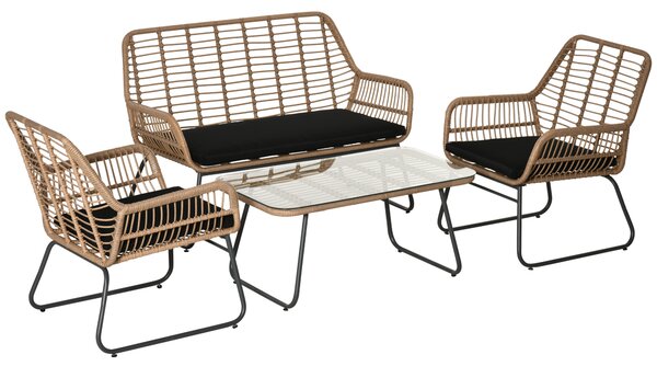 Outsunny Set Mobili Giardino Rattan PE, 2 Poltrone + Divanetto + Tavolino Vetro, Per Terrazzi e Giardini Accoglienti