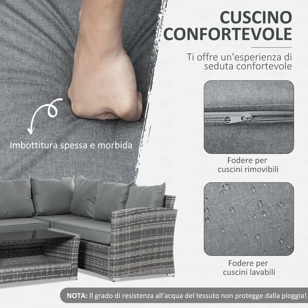 Outsunny Set Mobile da Giardino in Rattan PE da 4 Pezzi, con Divano Angolare e Tavolino con Vetro, Cuscini Imbottiti e Sfoderabili, Grigio | Aosom