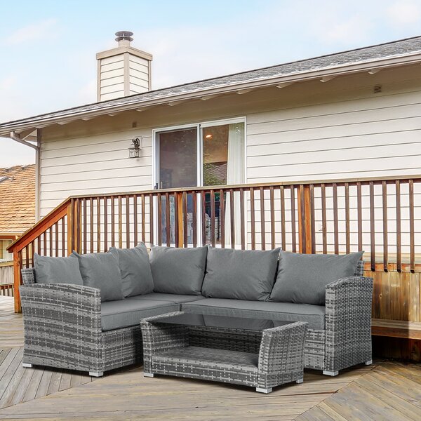 Outsunny Set Mobile da Giardino in Rattan PE da 4 Pezzi, con Divano Angolare e Tavolino con Vetro, Cuscini Imbottiti e Sfoderabili, Grigio | Aosom