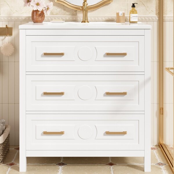 Mobile lavabo autoportante, bianco, dimensioni 76,5x47x82 cm, con 3 cassetti e lavabo in Vetroceramica integrato