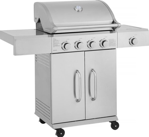 Barbecue a gas in acciaio inox con 5 bruciatori di cui 1 laterale "Brazzo" - 118 x 57 x 104 cm - Grigio chiaro