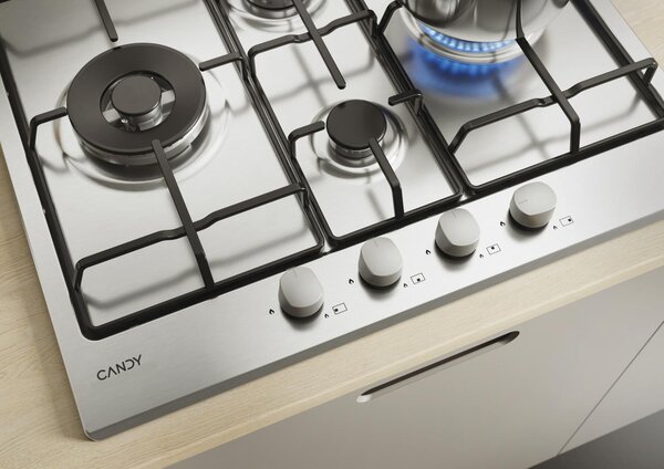 Candy CHW6D4WX Serie Timeless Piano Cottura 4 Fuochi a Gas 60 cm (1 Bruciatore Doppia Corona) colore Inox