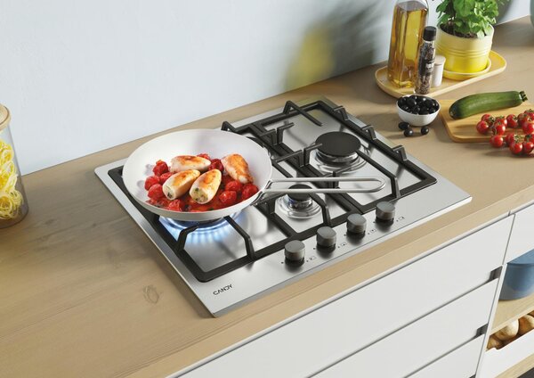Candy CHG 6D4 WX Serie Timeless Piano Cottura 4 Fuochi a Gas 60 cm Griglie in Ghisa (1 Bruciatore Doppia Corona) colore Inox