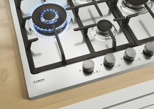 Candy CHG 6D4 WX Serie Timeless Piano Cottura 4 Fuochi a Gas 60 cm Griglie in Ghisa (1 Bruciatore Doppia Corona) colore Inox