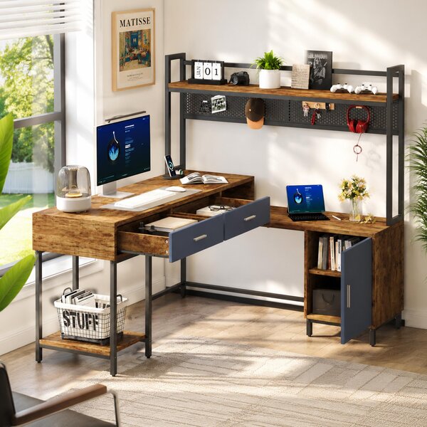 Scrivania a forma di L in stile industriale, dimensioni 140x140x135 cm. Scrivania angolare con cassetti e ripiano