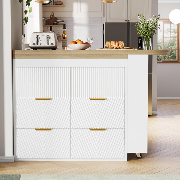 Tavolino bar con sei cassetti, estendibile da 128 a 203 cm, tavolino bar in MDF bianco, dotato di sistema di sicurezza anticaduta e con funzione girevole a 360°, utilizzabile come tavolo da pranzo, bar per la casa o scrivania