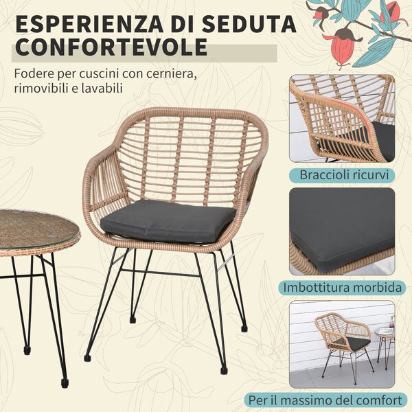 Set Giardino Outsunny 3 Pezzi - Tavolino Vetro E 2 Sedie Con Cuscini, Rattan PE E Acciaio - Foto 8