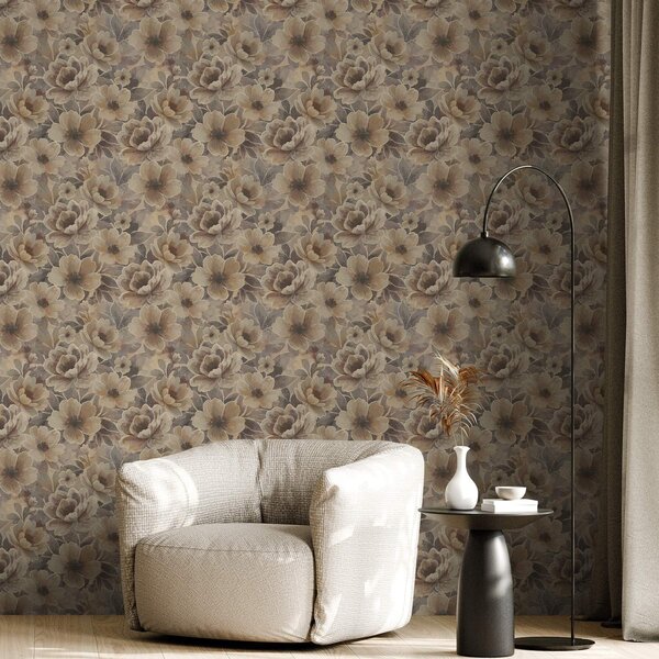 Carta da parati Fiori beige pittorici su uno sfondo astratto fumoso, Parati fiori e piante classici, a00884 : Uwalls.it
