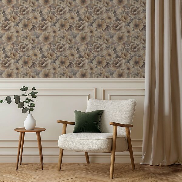 Carta da parati Fiori beige pittorici su uno sfondo astratto fumoso, Parati fiori e piante classici, a00884 : Uwalls.it