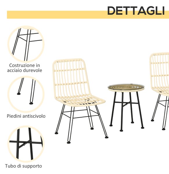 Outsunny Set Tavolino e Sedie da Giardino 3 Pezzi in Rattan PE e Acciaio, Arredo Chic per Esterni e Bistrò - Crema|Aosom