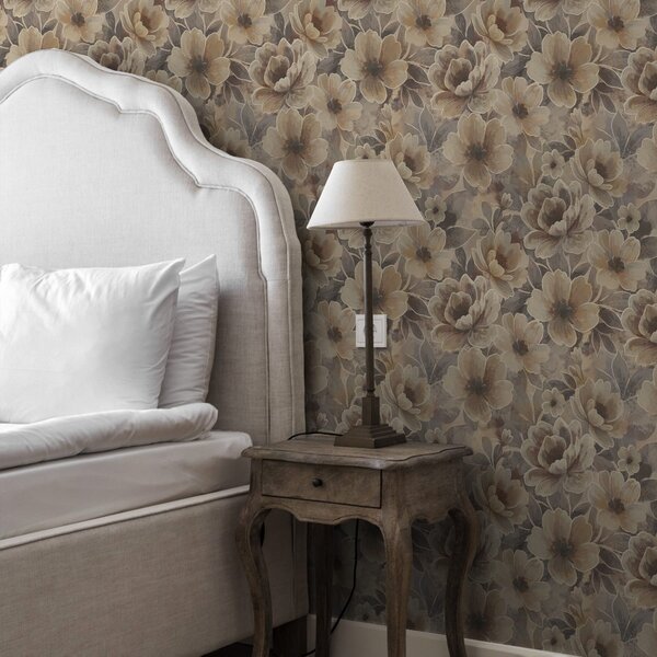 Carta da parati Fiori beige pittorici su uno sfondo astratto fumoso, Parati fiori e piante classici, a00884 : Uwalls.it