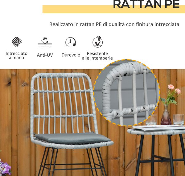 Outsunny Set Tavolino e Sedie da Giardino 3 Pezzi in Rattan PE e Acciaio, Design Moderno per Esterni e Bistrò - Grigio|Aosom