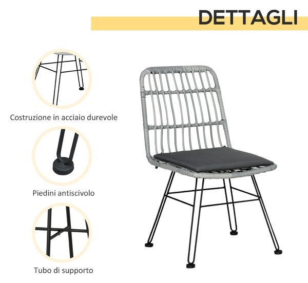 Outsunny Set Tavolino e Sedie da Giardino 3 Pezzi in Rattan PE e Acciaio, Design Moderno per Esterni e Bistrò - Grigio|Aosom