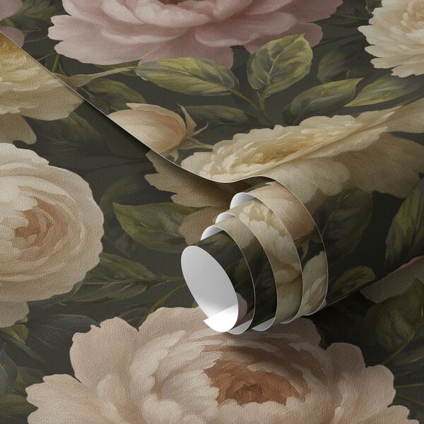 Carta da parati Peonie romantiche su uno sfondo botanico scuro, Parati fiori e piante classici, a00893 : Uwalls.it