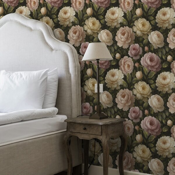 Carta da parati Peonie romantiche su uno sfondo botanico scuro, Parati fiori e piante classici, a00893 : Uwalls.it