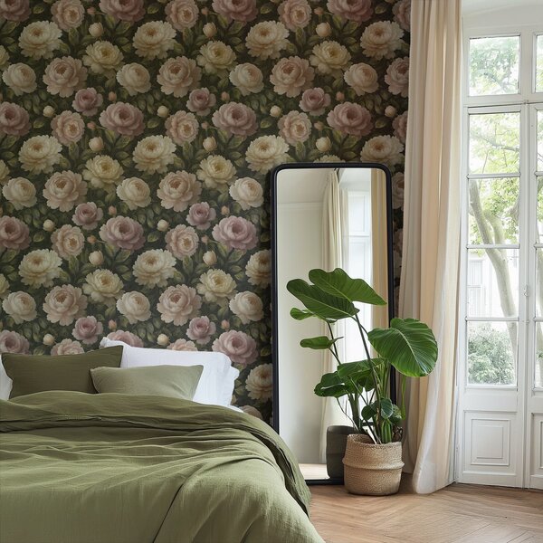 Carta da parati Peonie romantiche su uno sfondo botanico scuro, Parati fiori e piante classici, a00893 : Uwalls.it