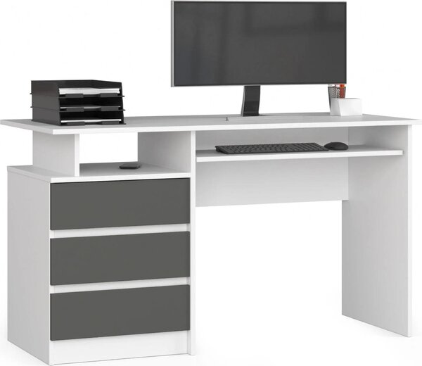 Scrivania per ufficio scandinava 135 cm bianca e grigio grafite con 3 cassetti e ripiano estraibile per tastiera