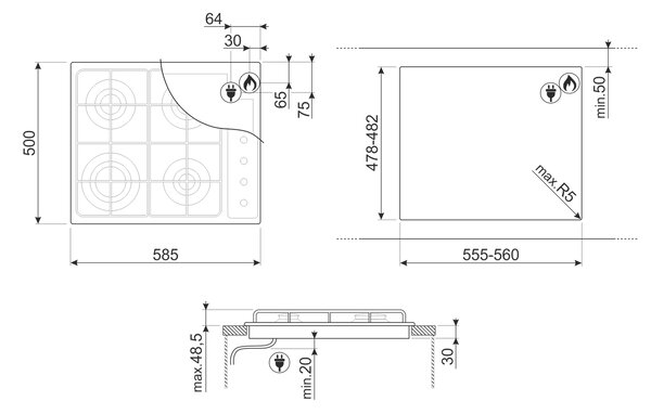 Smeg Piano Cottura 4 Fuochi a gas da Incasso Larghezza 60 cm colore Inox - S64S Serie Selezione