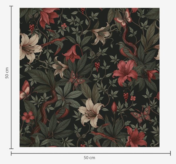 Carta da parati Motivi floreali della giungla oscura con uccelli e farfalle, Parati fiori e piante classici, a00895 : Uwalls.it