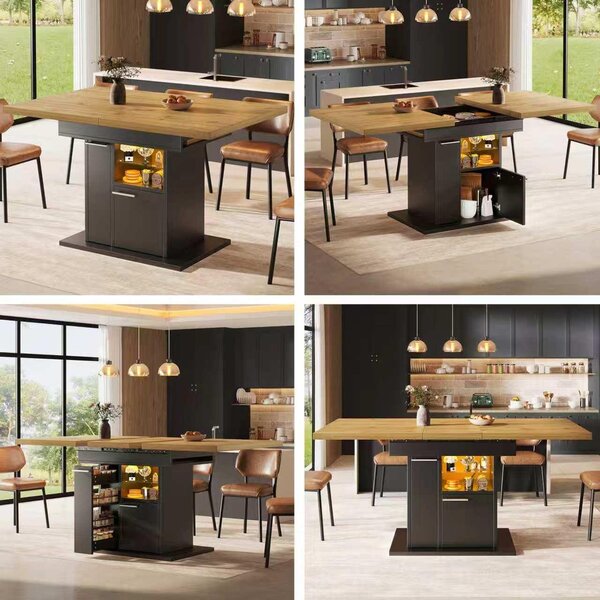 Tavolo da pranzo estendibile per 4-6 persone, tavolo in MDF nero con spazio contenitivo, ripiani in vetro e illuminazione LED multicolore, dimensioni 110–140 cm