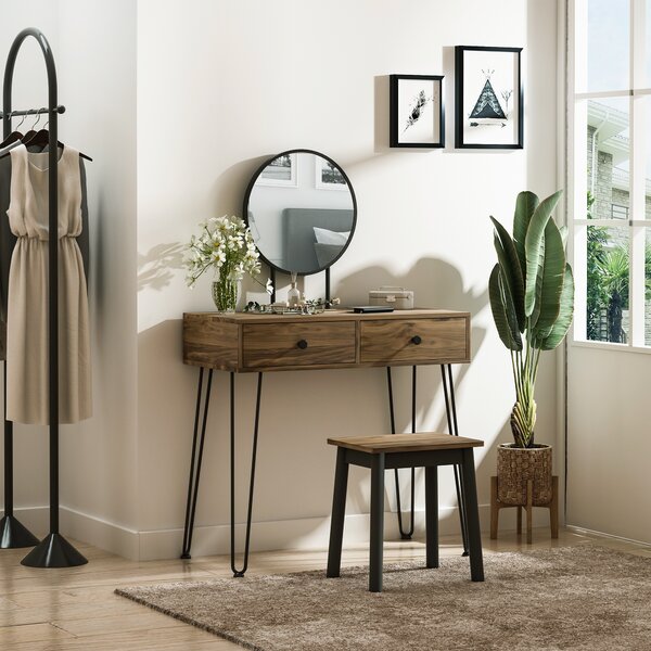 HOMCOM Tavolo per Trucco in Stile Industriale, Set Tavolo Toeletta con Sgabello e Specchio per Trucco, Postazione Makeup in Legno e Metallo per Camera | Aosom Italy