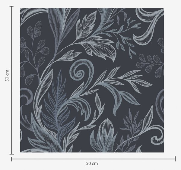 Carta da parati Foglie arricciate color indaco scuro con sfumature disegnate a mano, Parati fiori e piante classici, a00935 : Uwalls.it
