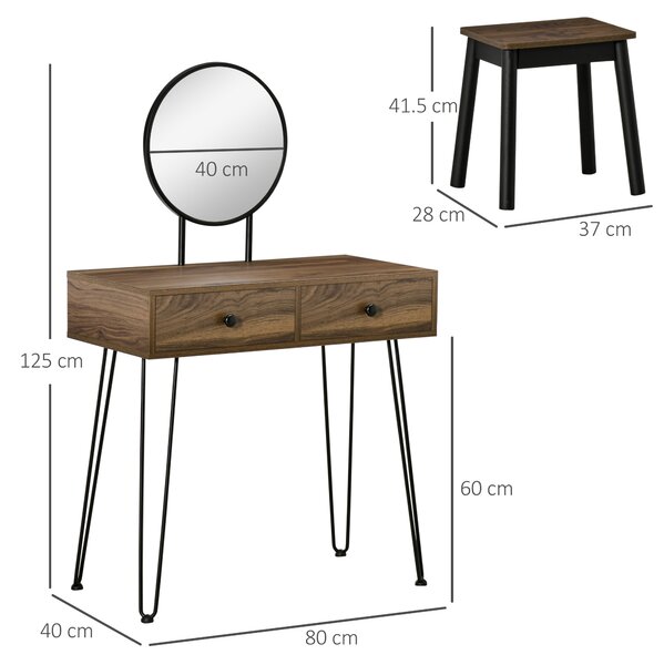 HOMCOM Tavolo per Trucco in Stile Industriale, Set Tavolo Toeletta con Sgabello e Specchio per Trucco, Postazione Makeup in Legno e Metallo per Camera | Aosom Italy