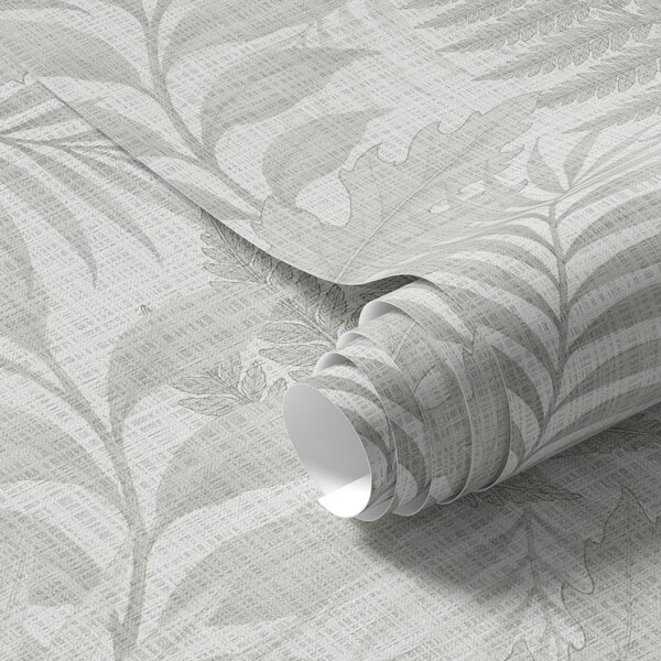 Carta da parati Morbide foglie tropicali in grigio chiaro su texture di lino, Parati fiori e piante classici, a00899 : Uwalls.it