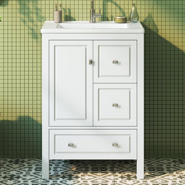 Mobile lavabo indipendente per bagno, 62 cm, con lavabo in Vetroceramica bianco