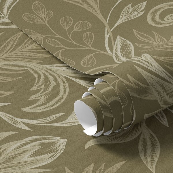 Carta da parati Foglie arricciate color cachi caldo con accenti color crema chiaro, Parati fiori e piante classici, a00935v4 : Uwalls.it