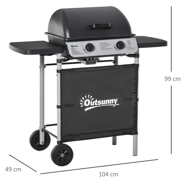 Outsunny Barbecue a Gas con Coperchio e 2 Bruciatori Totali da 5.6kW, BBQ in Acciaio con Ruote e Mensole, 104x49x99cm Nero|Aosom