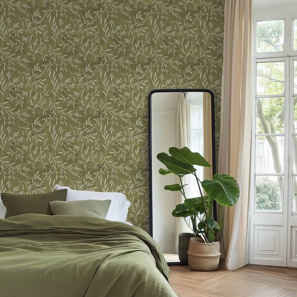 Carta da parati Rametti bianco crema su uno sfondo caldo con texture, Parati natura classici, Parati natura foglie classici, a00936v1 : Uwalls.it