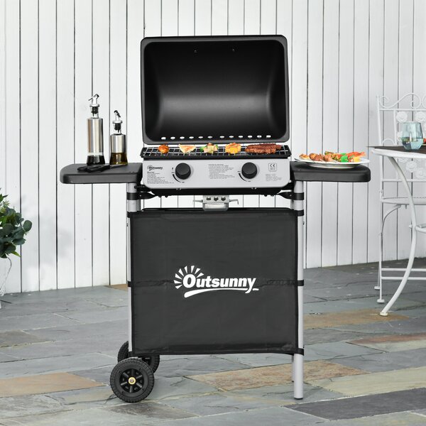 Outsunny Barbecue a Gas con Coperchio e 2 Bruciatori Totali da 5.6kW, BBQ in Acciaio con Ruote e Mensole, 104x49x99cm Nero|Aosom