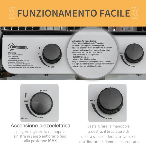 Outsunny Barbecue a Gas con Coperchio e 2 Bruciatori Totali da 5.6kW, BBQ in Acciaio con Ruote e Mensole, 104x49x99cm Nero|Aosom