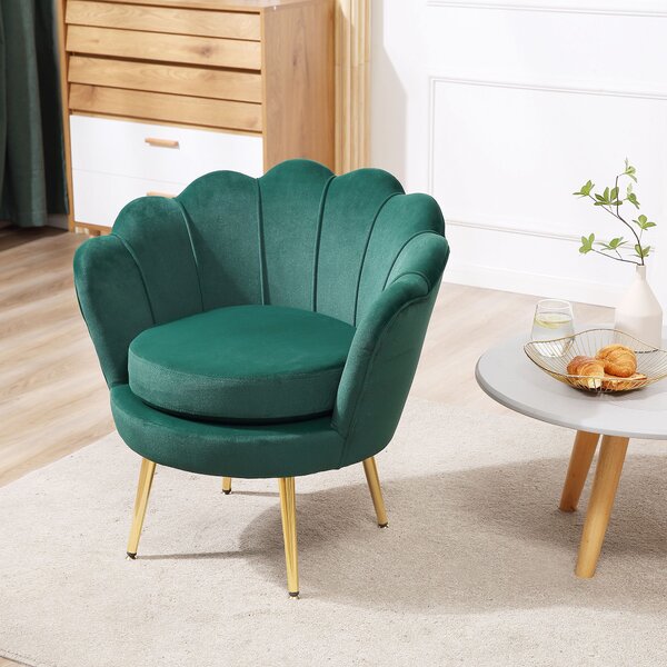 HOMCOM Poltroncina Vintage in Velluto con Gambe in Metallo Dorato, Poltrona a Conchiglia per Soggiorno, Reception o Ufficio, 76x67x74cm, Verde|Aosom