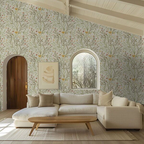 Carta da parati Fiori gialli e rossi su sfondo verde chiaro, Parati fiori e piante classici, a00937 : Uwalls.it