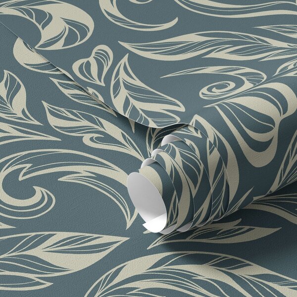Carta da parati Motivo a foglie con linee sottili su sfondo grigio-blu, Parati fiori e piante classici, a00940 : Uwalls.it