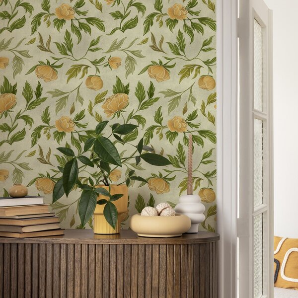 Carta da parati Peonie gialle e fogliame su uno sfondo verde chiaro tenue, Parati fiori e piante classici, a00942 : Uwalls.it