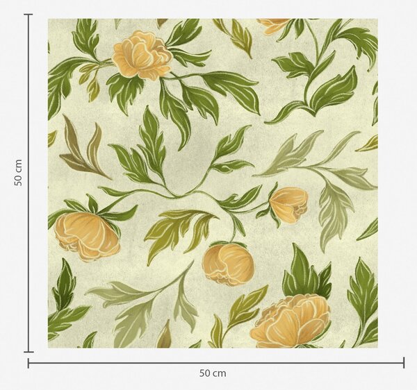 Carta da parati Peonie gialle e fogliame su uno sfondo verde chiaro tenue, Parati fiori e piante classici, a00942 : Uwalls.it