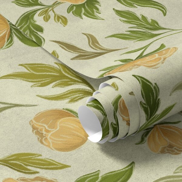 Carta da parati Peonie gialle e fogliame su uno sfondo verde chiaro tenue, Parati fiori e piante classici, a00942 : Uwalls.it