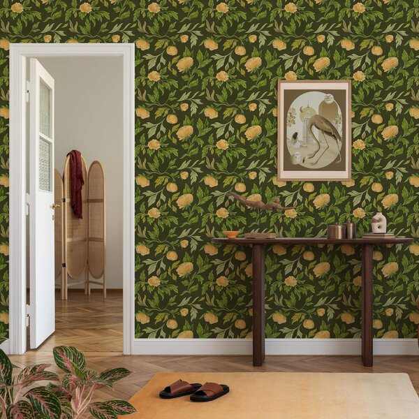 Carta da parati Peonie gialle su uno sfondo verde scuro intenso, Parati fiori e piante classici, a00942v1 : Uwalls.it