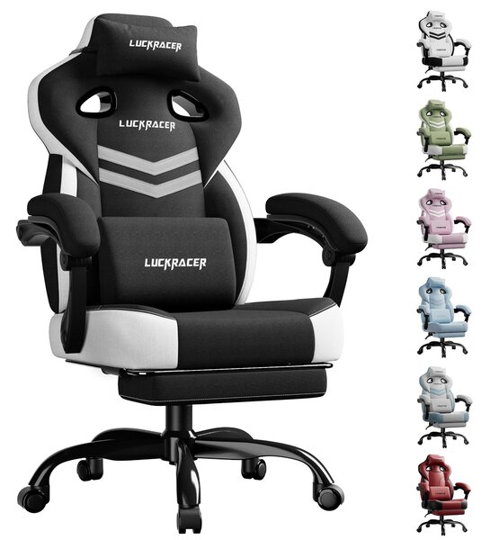 LUCKRACER sedia da gioco, sedia da ufficio con braccioli collegati, cuscino in memory foam, angolo di inclinazione di 90-155° e poggiapiedi, tessuto funzionale e resistente