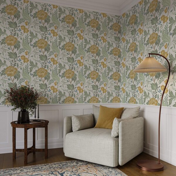 Carta da parati Grandi peonie gialle e fogliame su sfondo chiaro, Parati fiori e piante classici, a00941 : Uwalls.it