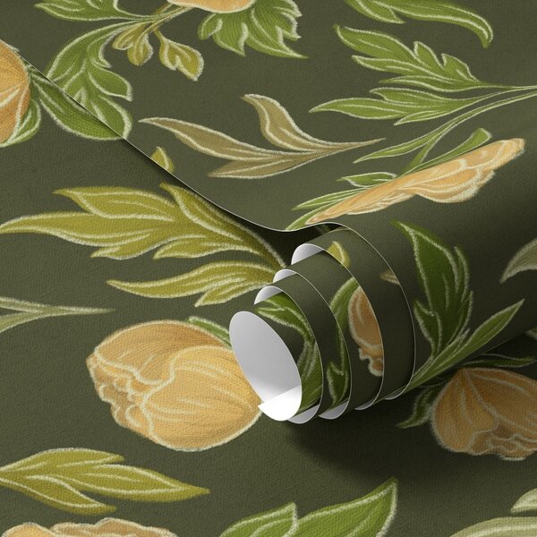 Carta da parati Peonie gialle su uno sfondo verde scuro intenso, Parati fiori e piante classici, a00942v1 : Uwalls.it