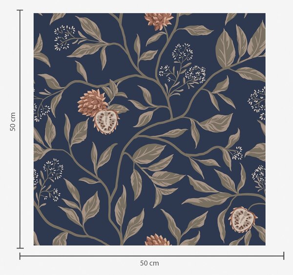 Carta da parati Giardino blu con rami, frutti e piccoli fiori, Parati fiori e piante classici, a00959 : Uwalls.it