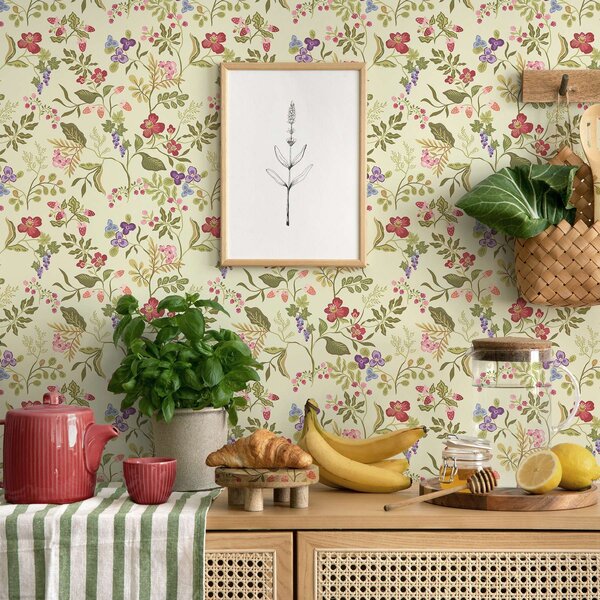 Carta da parati Giardino fiorito con bacche, uva e fiori selvatici, Parati fiori e piante classici, a00961 : Uwalls.it