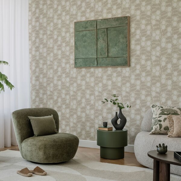 Carta da parati Steli beige con fiori bianchi soffici e morbidi puntini, Parati fiori e piante classici, a00997 : Uwalls.it