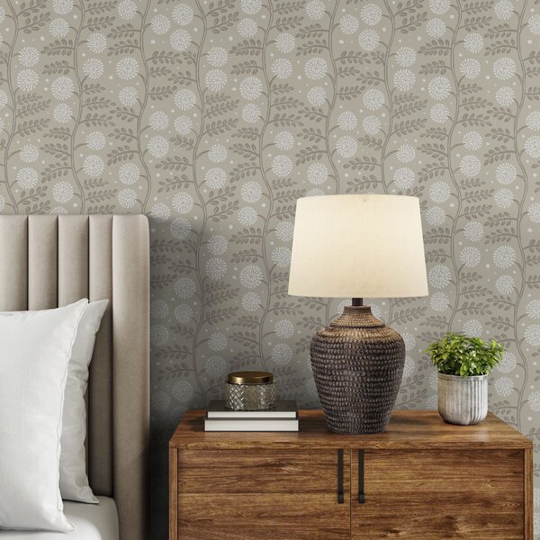 Carta da parati Steli beige con fiori bianchi soffici e morbidi puntini, Parati fiori e piante classici, a00997 : Uwalls.it